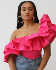 Dramatic Ruffle One Shoulder Top (Pink)