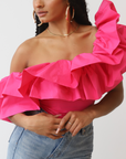 Dramatic Ruffle One Shoulder Top (White)