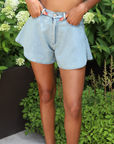 High Waisted Light Denim Flare Shorts