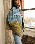 MIYA I JEAN GREEN PUFFER JACKET CROP JACKET