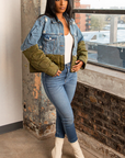 MIYA I JEAN GREEN PUFFER JACKET CROP JACKET