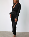 Corinne Belted Satin Jumpsuit (Olive)