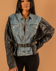 SANDI I JEAN AND VEGAN LEATHER BELTED JACKET