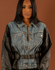 SANDI I JEAN AND VEGAN LEATHER BELTED JACKET