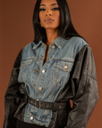 SANDI I JEAN AND VEGAN LEATHER BELTED JACKET