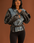 SANDI I JEAN AND VEGAN LEATHER BELTED JACKET