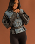 SANDI I JEAN AND VEGAN LEATHER BELTED JACKET