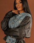 SANDI I JEAN AND VEGAN LEATHER BELTED JACKET