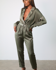 Corinne Belted Satin Jumpsuit (Olive)