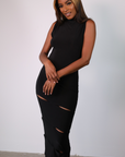 Masterpiece Ankle Maxi Dress with Drape Slits (Black)
