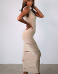 Masterpiece Ankle Maxi Dress with Drape Slits (Taupe)