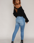 V Neck Open Back Sweater (Black)