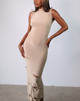 Masterpiece Ankle Maxi Dress with Drape Slits (Taupe)