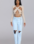 LEXI I LIGHT WASH RIPPED KNEE HIGH WAIST MOM JEANS