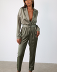 Corinne Belted Satin Jumpsuit (Olive)