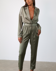 Corinne Belted Satin Jumpsuit (Olive)
