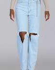LEXI I LIGHT WASH RIPPED KNEE HIGH WAIST MOM JEANS