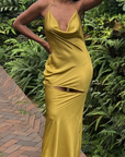 Soraya Satin Slash Slip Dress (Chartreuse)