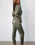 Corinne Belted Satin Jumpsuit (Olive)
