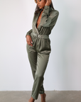 Corinne Belted Satin Jumpsuit (Olive)
