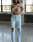 LEXI I LIGHT WASH RIPPED KNEE HIGH WAIST MOM JEANS