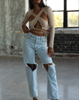 LEXI I LIGHT WASH RIPPED KNEE HIGH WAIST MOM JEANS