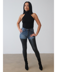 High Waist Vegan Leather Denim Pants