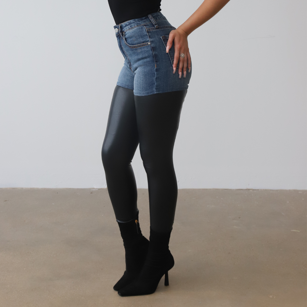 High Waist Vegan Leather Denim Pants