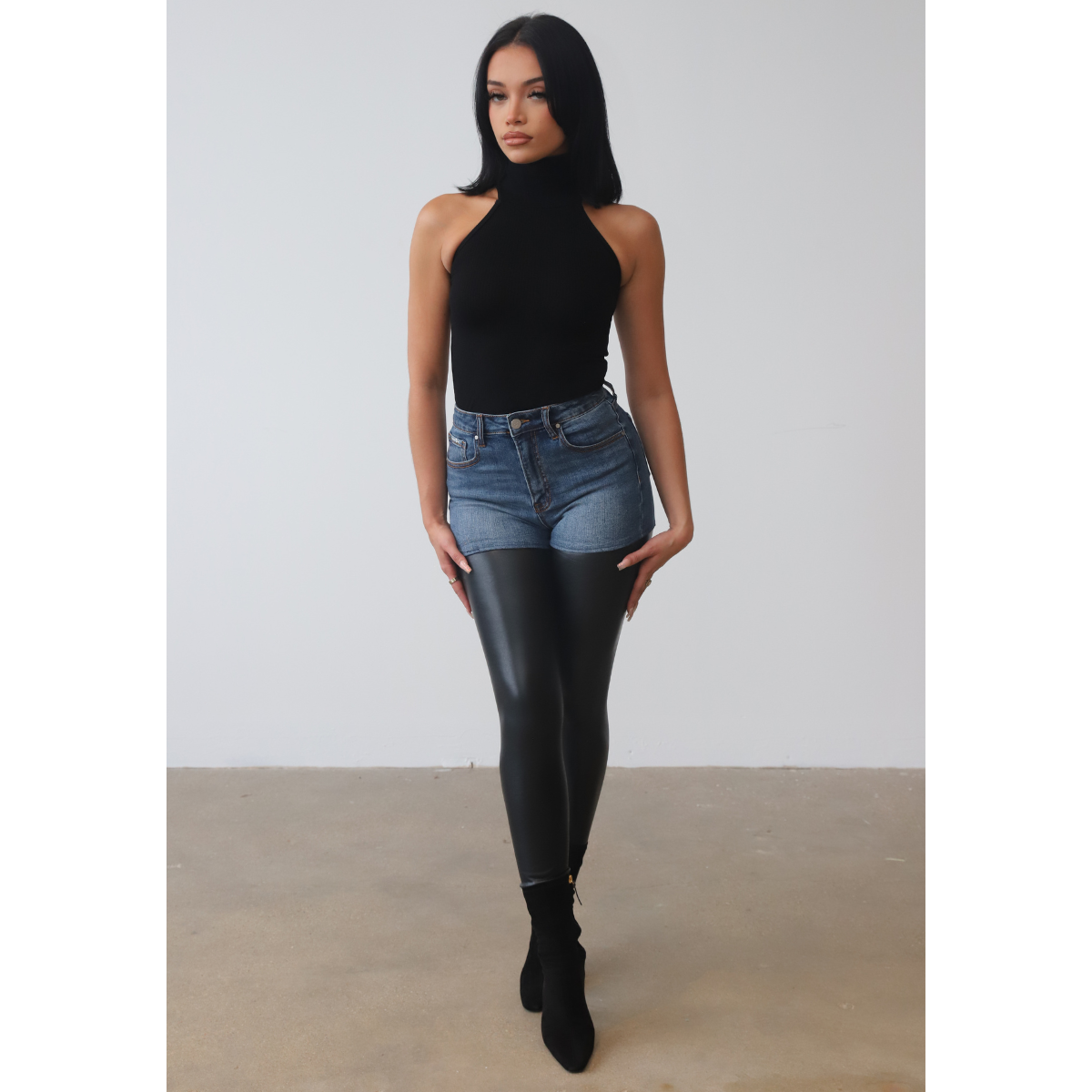 High Waist Vegan Leather Denim Pants