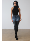 High Waist Vegan Leather Denim Pants