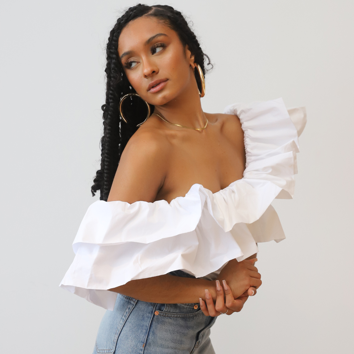 Dramatic Ruffle One Shoulder Top (White)