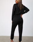 Corinne Belted Satin Jumpsuit (Black)