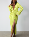 Only One Satin Long Sleeve Feather Dress (Lime)